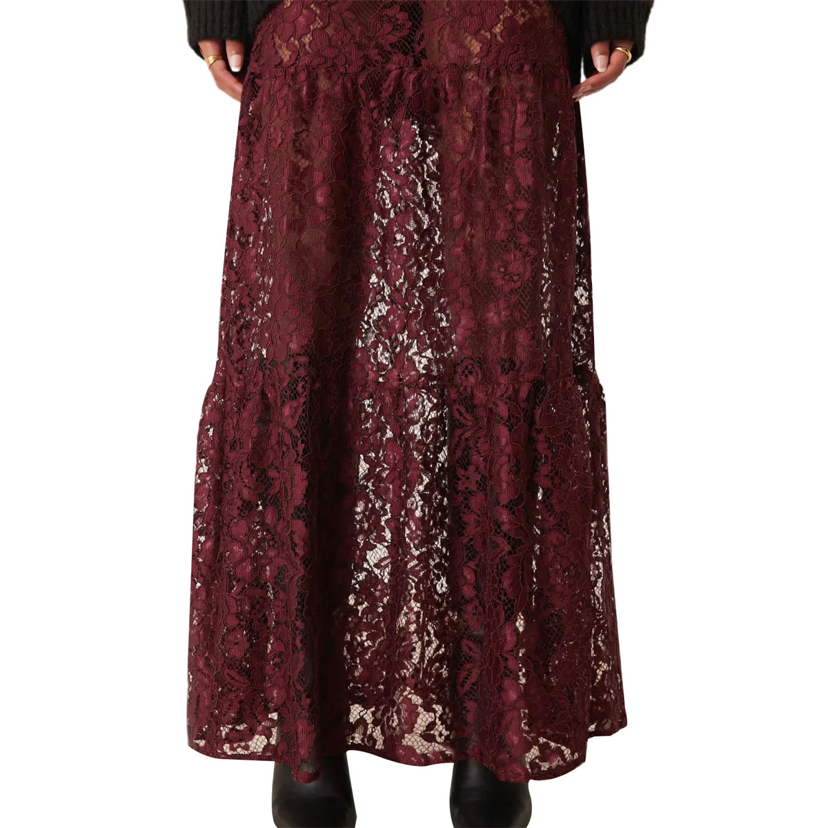 Cyflymder  Women Summer Solid Color Long Skirt Casual See-Through Lace Elastic A-Line Skirt for Beach Vacation Club