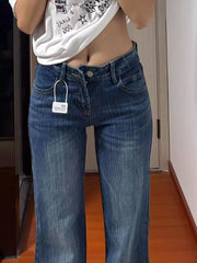 Cyflymder  Y2K Washed Denim Pants Women Low Rise Flared Jeans Bamboo Striped Elastic Non Stick Leg Slimming Retro Autumn Blue
