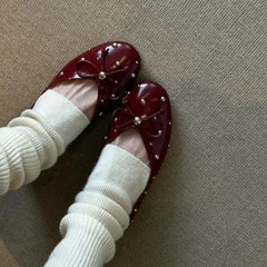 Cyflymder  Women Flat Shoes Autumn New Round Toe Shallow Mouth Patent Leather Butterfly Knot Rivet Casual Shoes Soft Sole Single Shoes