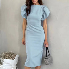 Cyflymder  Women Elegnat Crew Neck Back Split Evening Dress Spring Solid Slim Bodycon Hips Dress Summer Puff Short Sleeve Knee Dresses