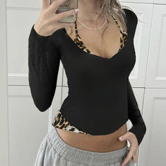 Cyflymder  Women's V Neck Long Sleeve Crop Top Slim Fit Layering Basic Tee Y2K Hot Girl Streetwear Casual Daily Stretchy Tight Blouse