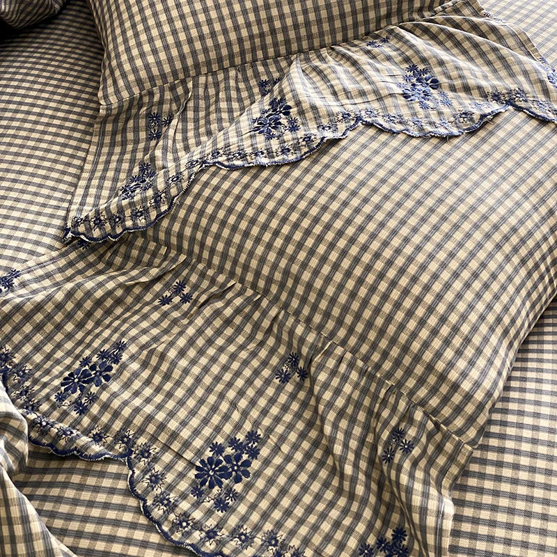 Cyflymder  Flowers Embroidery Ruffles Plaid Bedding Set Double Layer Crepe Yarn Pure Cotton Duvet Cover Flat/Fitted Bed Sheet Pillowcases