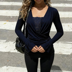Cyflymder  Temperament French High Street Sexy Deep V Neck Long Sleeve Shirt Fashion Cross Pleated Design Lazy Fake 2 Piece Y2k Elegant Top