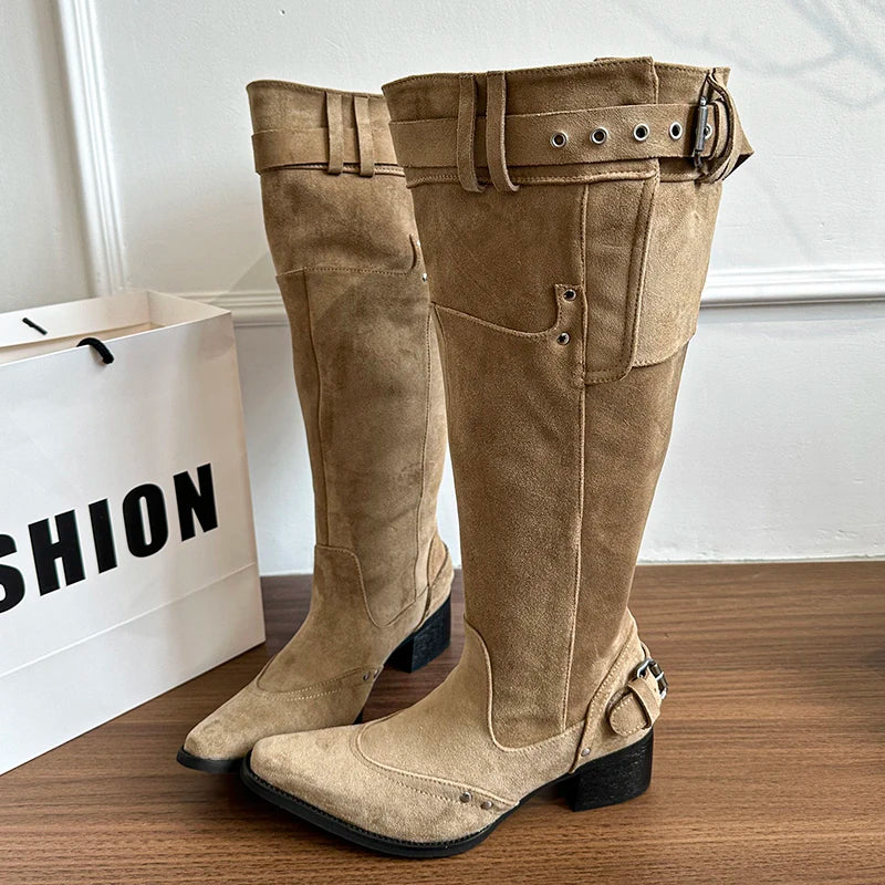 Cyflymder  Autumn Winter Pleated Women Western Cowboy Boots Vintage Square Low Heels Shoes Female Belt Buckle Long Booties
