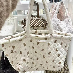 Cyflymder   Sweet Cute Bear Bow Tote Bag Women White Diamond Quilting Large Capacity Shoulder Bag Ladies Daily Casual Versatile Shopping Bag