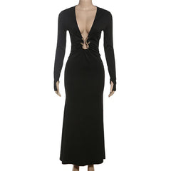 Cyflymder   Solid Elegant Sexy Metal Buckle Bodycon Maxi Party Dress Women Fashion Deep V Neck Full Sleeve Slim Evening Gown Long Robe