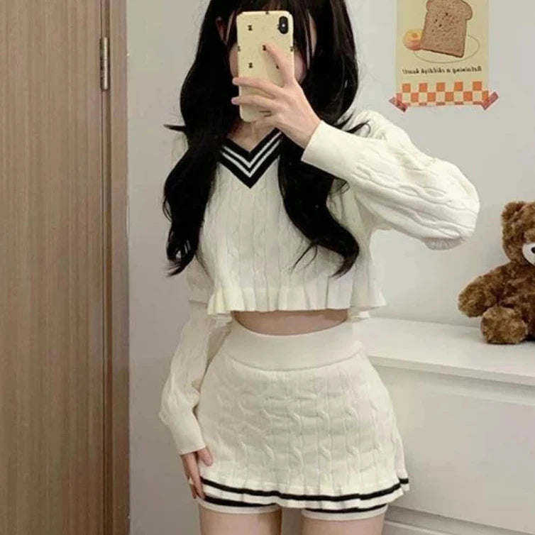 Cyflymder Korean Fashion Y2k Two Piece Skirt Set Women Sweet Stripe Knitted Sweater Crop Tops Slim Bodycon Mini Skirts Kawaii Lolita Suits