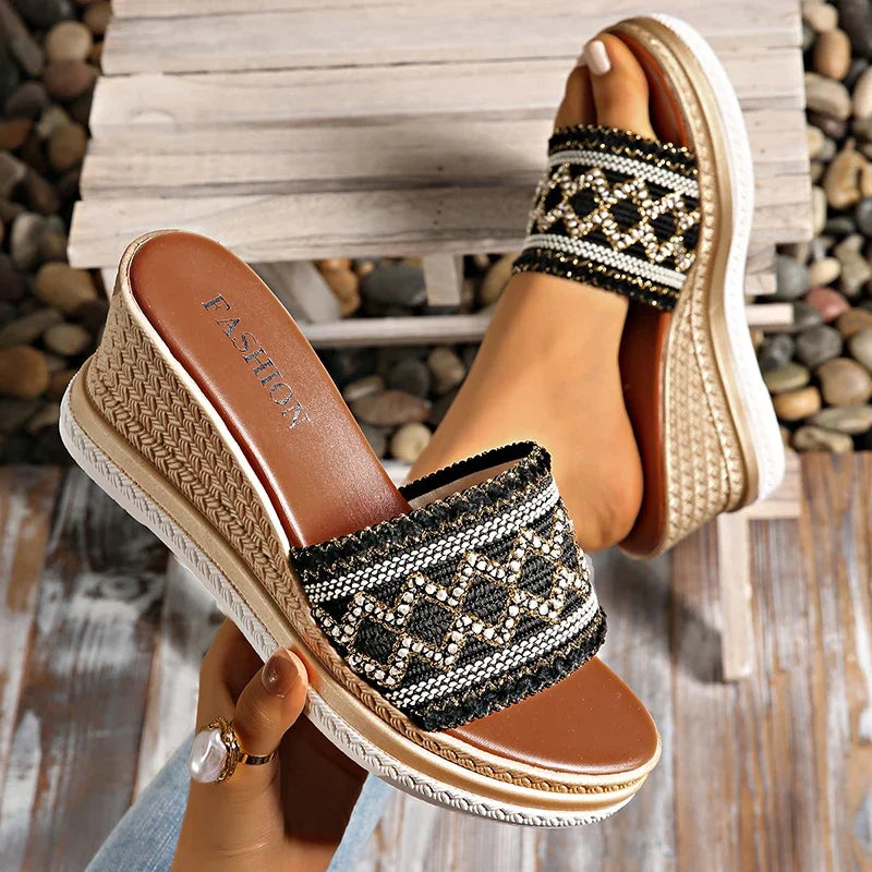 Cyflymder  Bohemian Striped Braided Wedge Sandals Women Summer Thick Sole Outdoor Beach Slides Woman Plus Size Fashion Platform Slippers