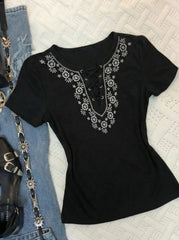 Cyflymder  Goth T-shirt Embroidery Y2k 2000s Punk Vintage Sexy Aesthetic Harajuku Strap Slim Short Sleeve O-Neck Summer Basics Emo Tee Chic