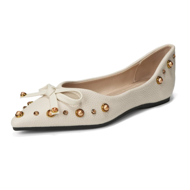 Cyflymder  Comfort Soft Leather PU Pointed Toe Flat Shoes Women Pearl Rivet Bowknot Design Elegant Dress Pumps Concise Lightweight Loafers