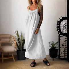 Cyflymder  Women Cotton Linen Solid Color Dresses Side Pocket Backless Suspenders Dress Female Daily Comfortable Casual Commuter Gown