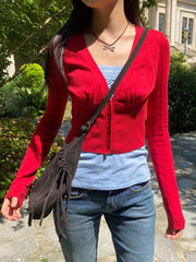 Cyflymder  Red Knitted Short Sweater Cardigan Woman Autumn V-neck Single Breasted Long Sleeve Knitwear Top Casual Simple Solid Crop Tops