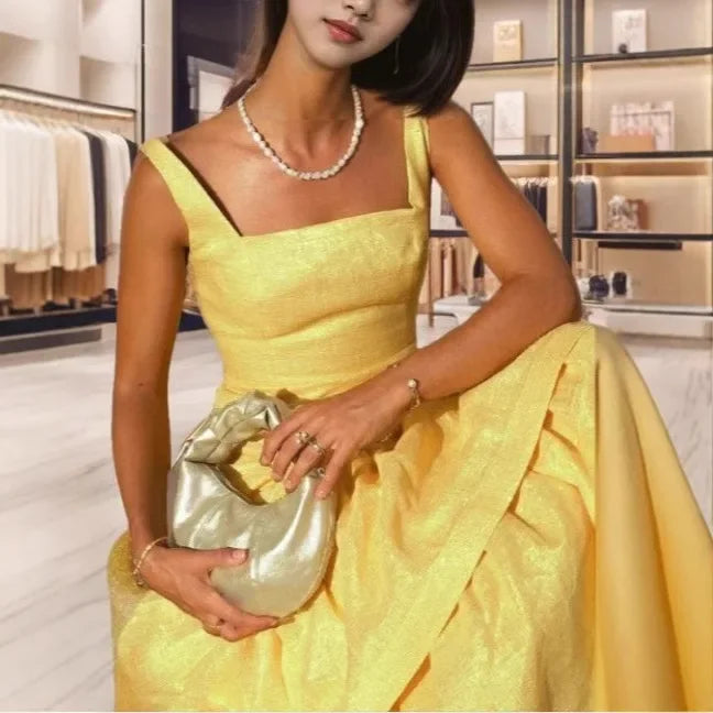 Cyflymder  Elegant Sleeveless Square Collar Dress with Lace Hem for Women Fashionable Party Long Gown Ladylike Style Cross-Border Design