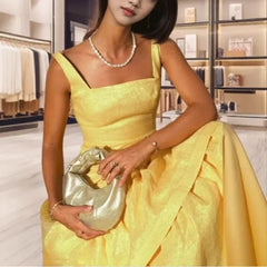 Cyflymder  Elegant Sleeveless Square Collar Dress with Lace Hem for Women Fashionable Party Long Gown Ladylike Style Cross-Border Design