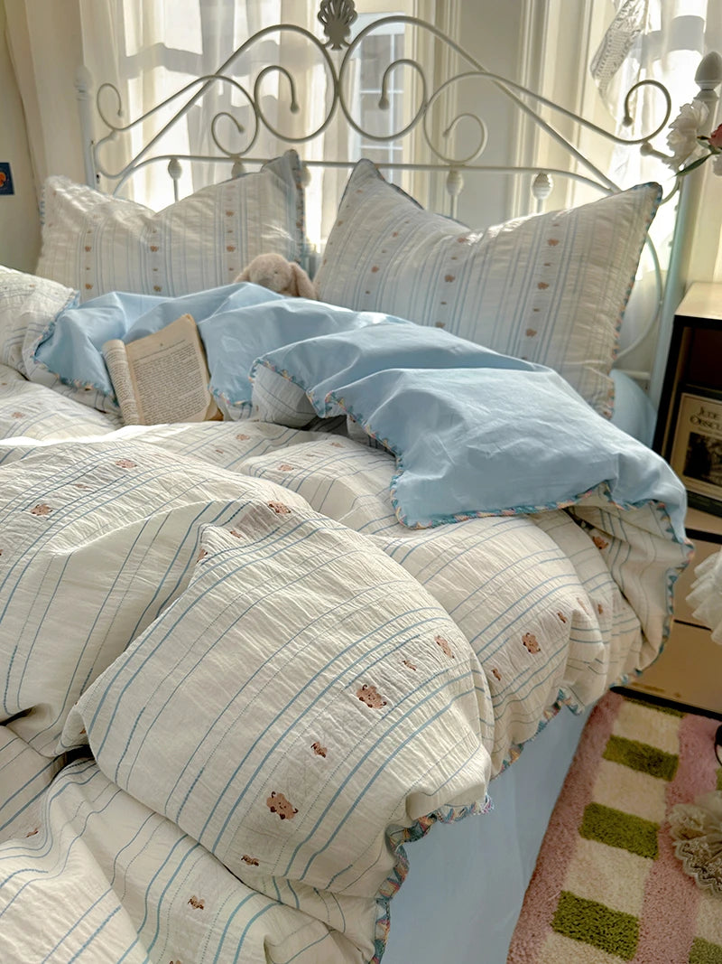 Cyflymder  100% Cotton Yarn-dyed Jacquard Floral Bedding Set Single Queen King Size Duvet Cover Bed Sheet/Fitted Sheet Pillowcases 3/4Pcs