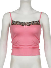 Cyflymder  Sweet Cute Patchwork Leopard Lace Camis Top Sexy Slim Slash Neck Sleeveless Tank Tops Women Summer Fashion Ladies