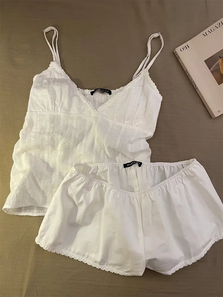 Cyflymder   Girls Lace Suspender Pajamas Women's Summer New Simple Loungewear Two-piece Set
