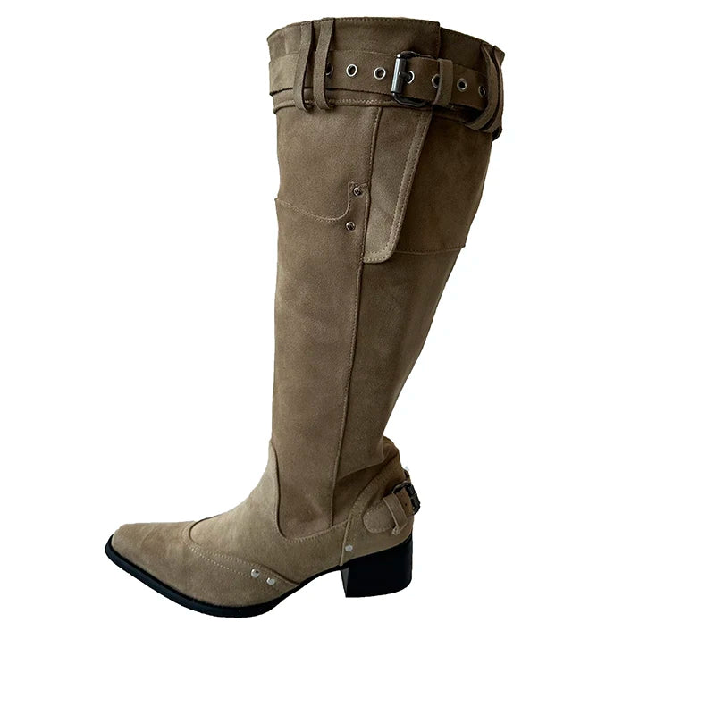 Cyflymder  Autumn Winter Pleated Women Western Cowboy Boots Vintage Square Low Heels Shoes Female Belt Buckle Long Booties