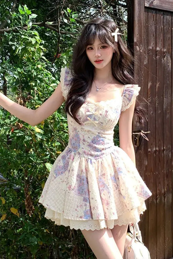 Cyflymder  New French Flutter Sleeve Dress Women Lace Trim Flared Skirt Sweet Cute Mini Length Slimming A Line Silhouette Princess Party