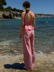 Cyflymder  Casual Striped Halter Tops Pants Sets Women V Neck Backless Ruffles High Waist Wide Legs Suits Female Summer New Chic Set