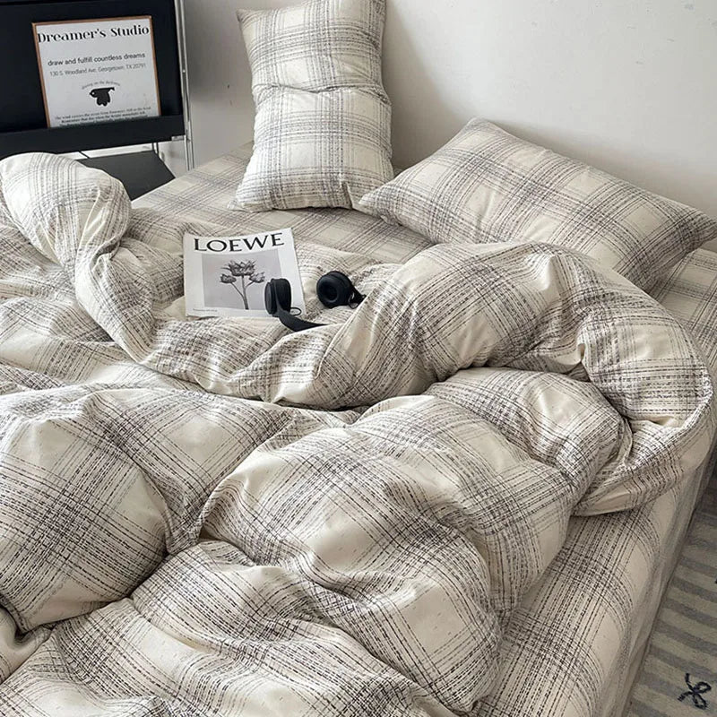 Cyflymder  Fashion Pure Cotton Grid Pattern Bedding Sets Skin Friendly Comfortable Bed Sheet Set for Adults Dormitory Home Quilt Cover Kit