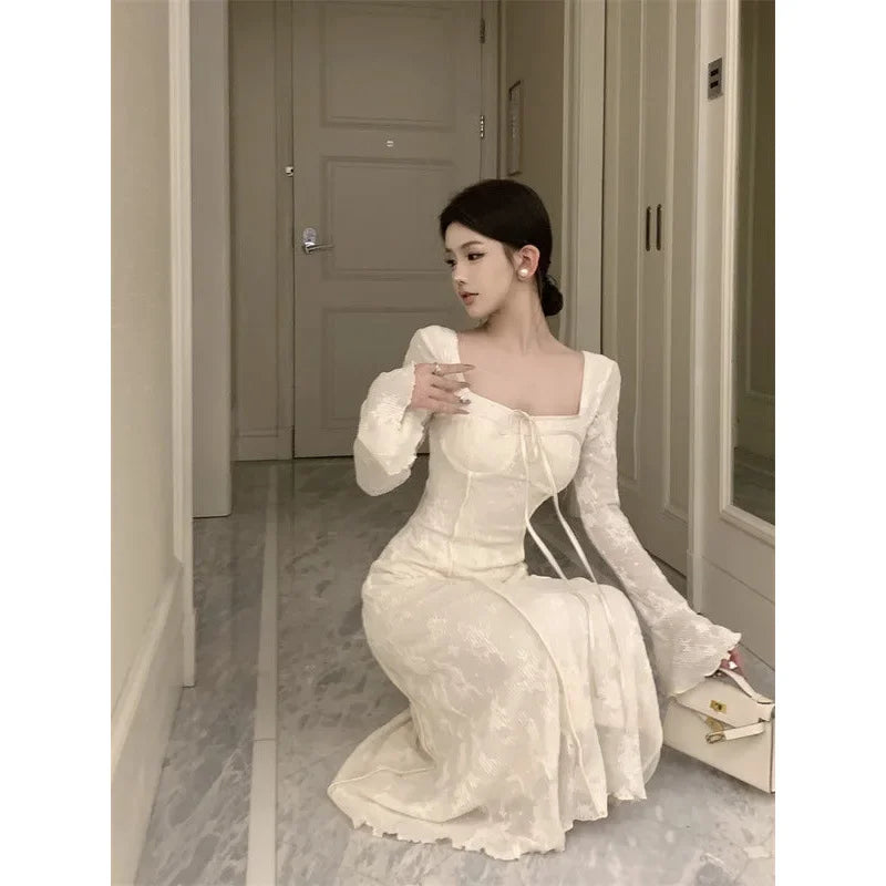 Cyflymder  BowJacquard Square Collar Flare Sleeve Dress Women's Autumn/Winter Waist-Fitted Slimming New Chinese Style Soft Long Dress