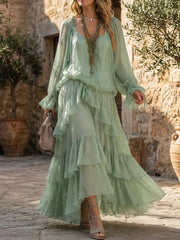 Cyflymder   Boho Flowy Chiffon Matching Set Women Tie Shoulder Sheer Blouse Tiered Ruffle Maxi Skirt Elegant Beach Holiday Two Piece Dress