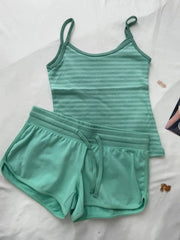 Cyflymder  Teal Striped Camisole+Straight Short Pants Women Summer Cotton Simple Sport Pant Sets Sweet Vintage Tank Tops 2 Piece Set Y2K