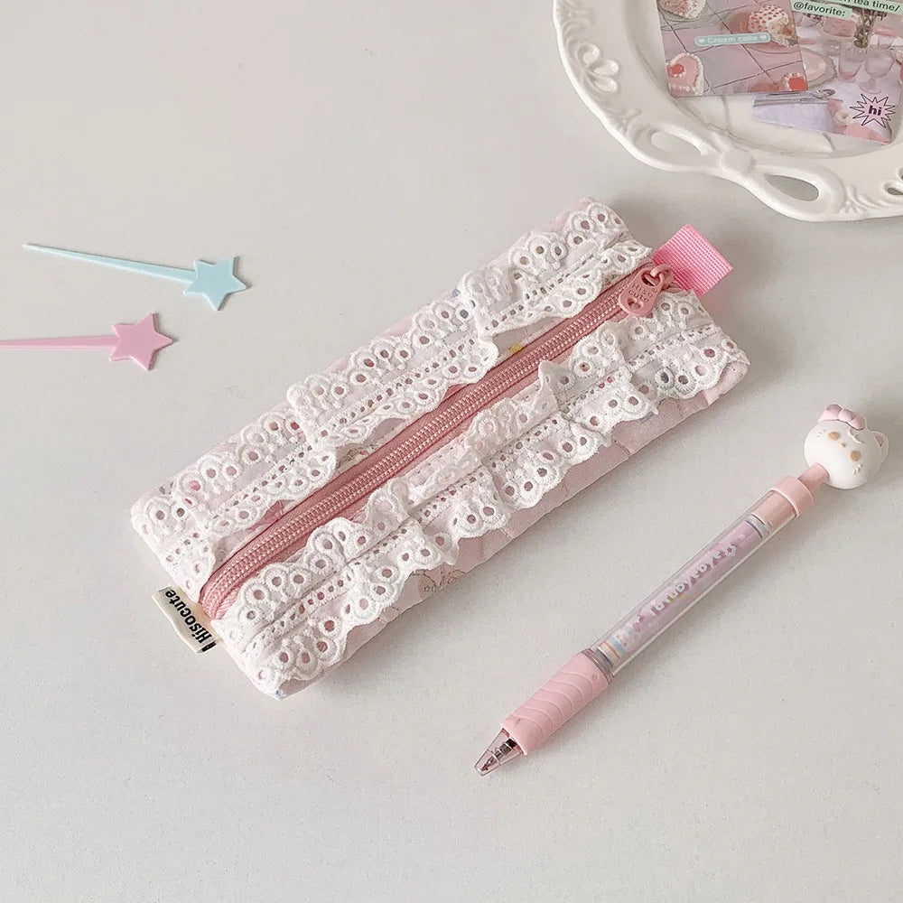Cyflymder  Lace Pencil Case for Student Girl Ruffle Cute Korean Makeup Stationery Organizer Bag Portable Pouch Back To School Kawaii Gift