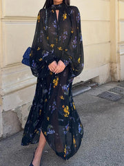 Cyflymder  Fashion Flower Print Draped Party Dress Elegant Half High Collar Chiffon Loose Dress Women Casual Long Sleeve Hollow Long Dress