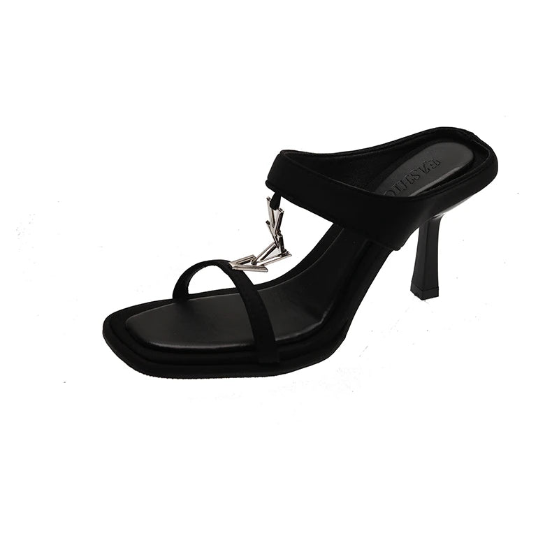 Cyflymder  White Women's Summer Outdoor Chain Square Toe Open-Toe High Heel Sandals Girls' Summer Slippers