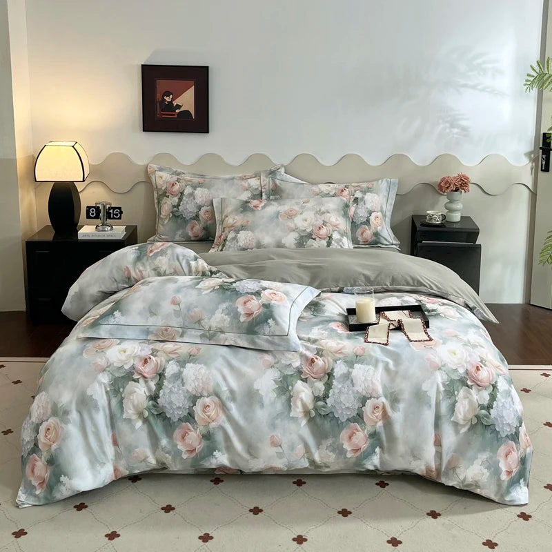 Cyflymder  100% Cotton Flowers Print Luxury Bedding Set Single Double Queen King Size Duvet Cover Flat/Fitted Bed Sheet Pillowcases 3/4Pcs