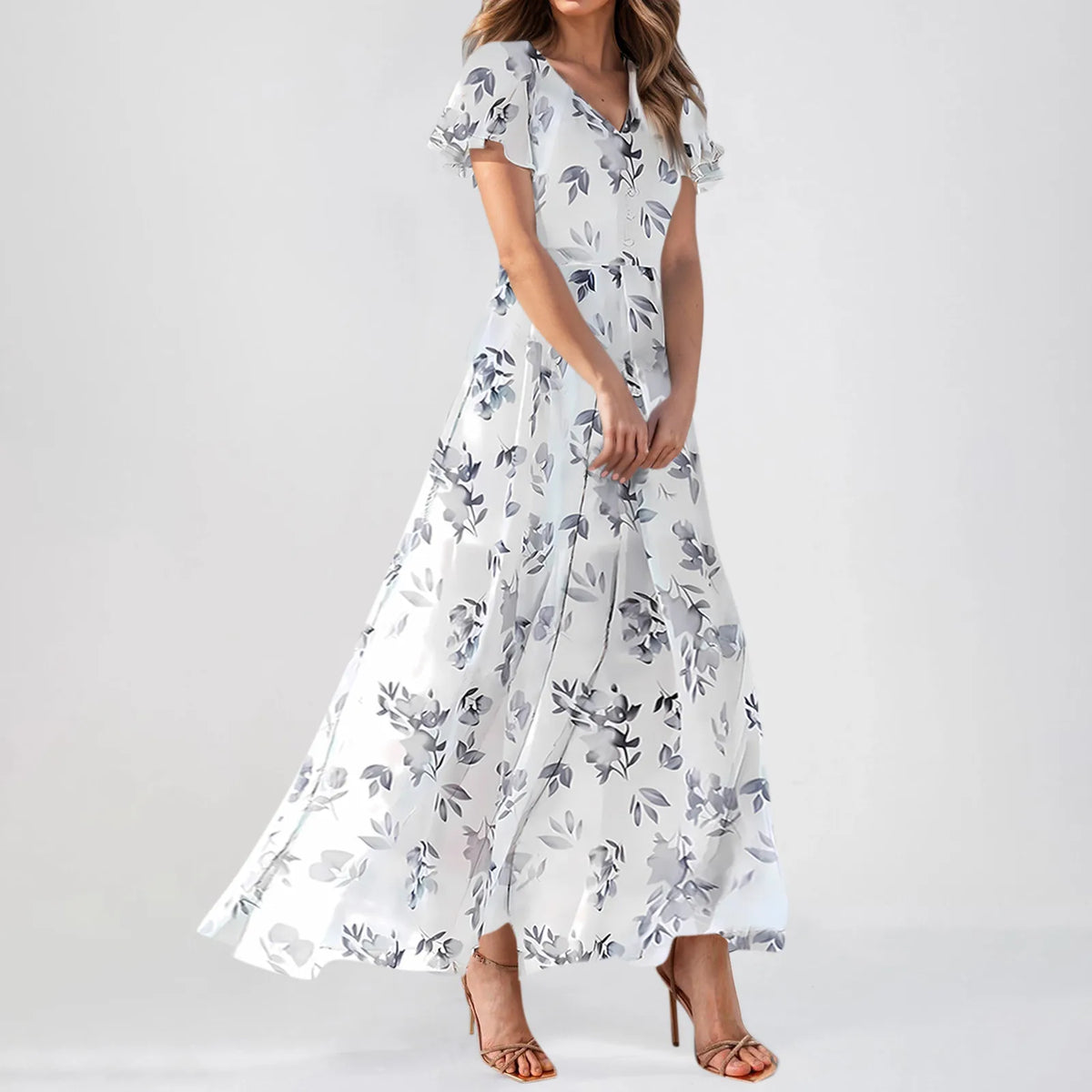 Cyflymder  Summer Beach Style Women'sFloral Dresses Casual Short Sleeve Maxi Long Shirts Floral Maxi Dresses Wedding Guest Flowing Dresses