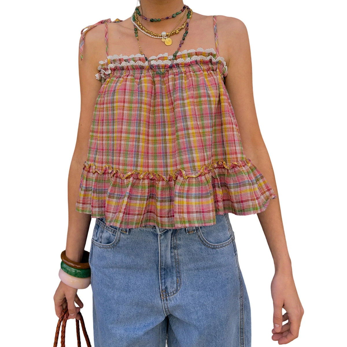 Cyflymder  Women s Plaid Tank Tops Stylish Square Neck Sleeveless Spaghetti Strap Ruffled Hem Camisole for Summer Fashion