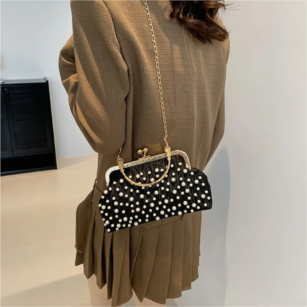 Cyflymder Artificial Pearl Diamond Inlaid Shoulder Bag Metal Chain Messenger Bag Lady Banquet Shell Bag Fashion Evening Handbag