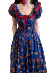 Cyflymder   Retro Blue Floral Bubble Sleeve Dress Women's Summer New Holiday Outing Elegant Long Dress High Waist A-Line Cotton Short
