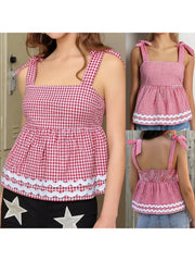 Cyflymder  Women s Sleeveless Plaid Print Babydoll Tank Top with Square Neckline and Smocked Detail - Trendy Summer Shirt