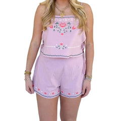 Cyflymder  Women s Flower Embroidered Shorts Outfit Loose Fit Stylish Side Tie Sleeveless Camisole and Shorts 2 Pcs Set