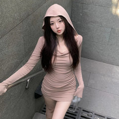 Cyflymder Women Long Sleeved Hoodies Dress Spring Slim Fit Bodycon Dress  Female Swinging Collar Sexy Short Dress Skinny Hip Hugged Dress