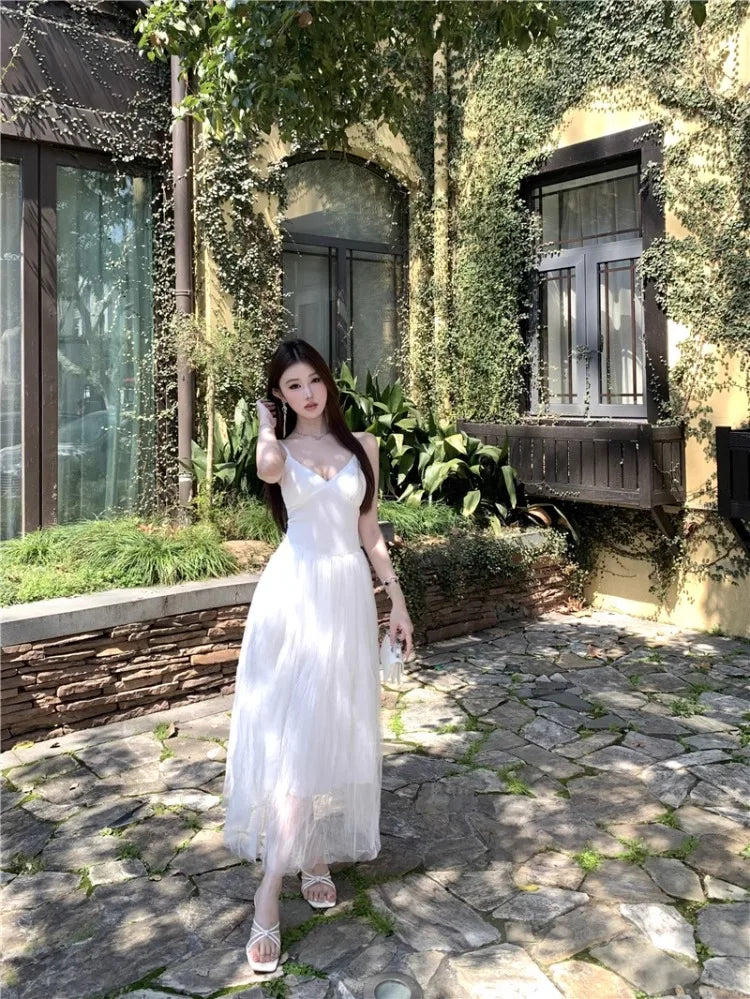 Cyflymder  Temperament Dresses Women Sexy V Neck Sleeveless Mesh Patchwork Backless Slim Sweet Elegant Party Dress Ladies Chic
