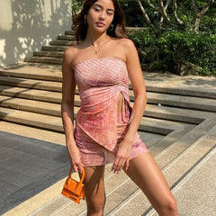 Cyflymder  Y2K Two Piece Outfit Women Vintage Printed Strapless Tube Top Mesh Bodycon Mini Skirt Set Aesthetic Grunge Streetwear
