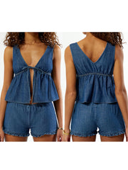 Cyflymder  Women s Denim Ensemble Stylish Deep V Neck Tank Top with Tie Front Detail and Elastic Waist Ruffle Shorts - 2 Piece Set for