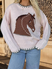 Cyflymder  Women s Cozy Crew Neck Sweaters Stylish Horse Print Pullover Soft Knitwear for Autumn Fashionable Street Style