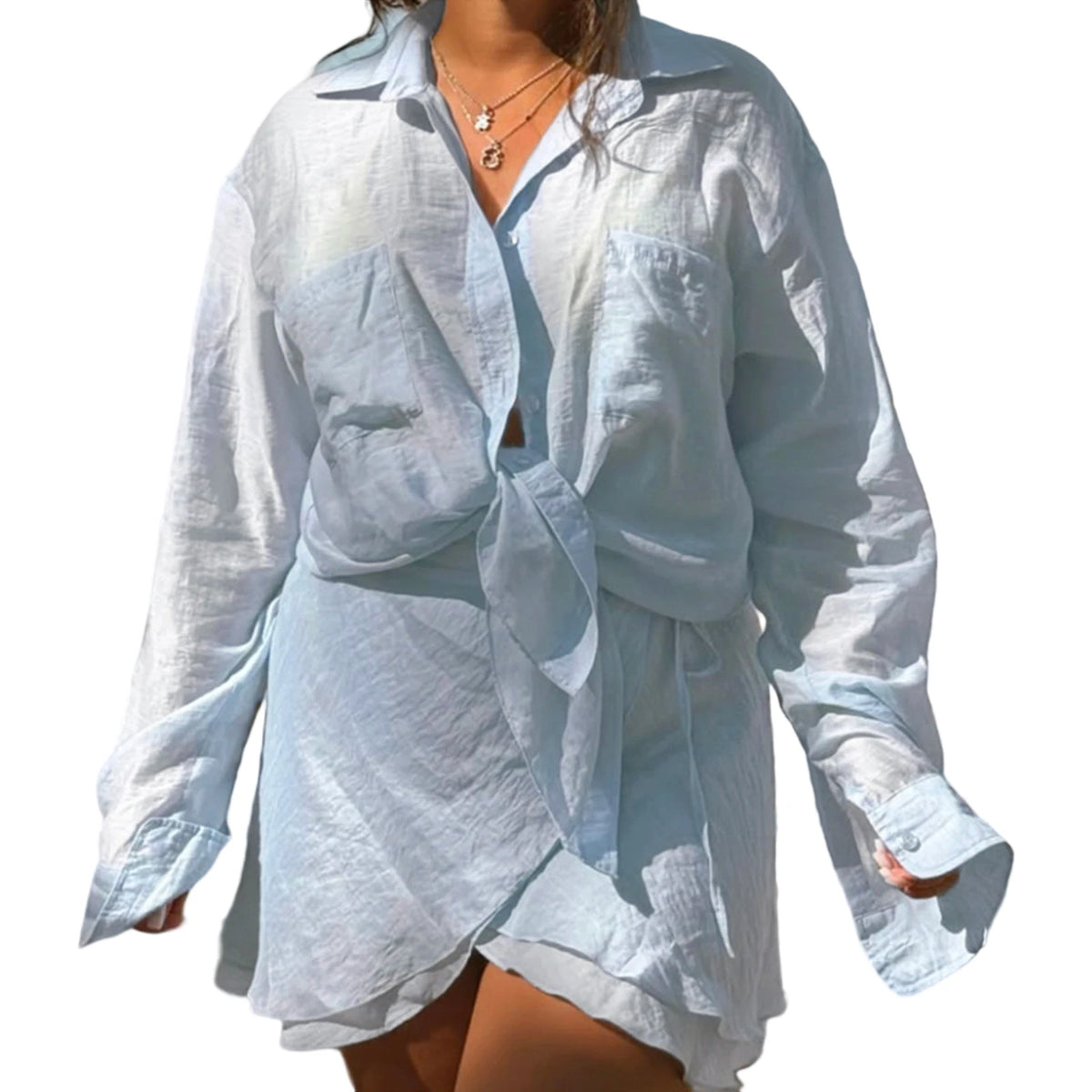 Cyflymder  Elegant Women s Two-Piece Set Long Sleeve Collared Button-up Shirt with Layered Mini Skirt - Solid Color Casual Outfit