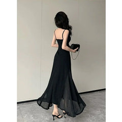 Cyflymder  Sexy V-Neck Spaghetti Strap Dress for Women  Mesh Backless Waist-Tight Party Dresses Woman Elegant Black Sheer Midi Dress