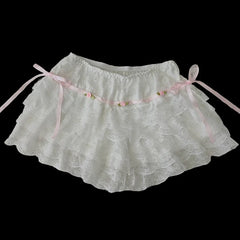 Cyflymder  Multilayer Lace Shorts Women Lolita Ribbons Flower Ruffles Elastic Waist Cute Bottoming Shorts for Sweet Girls Kawaii Clothes