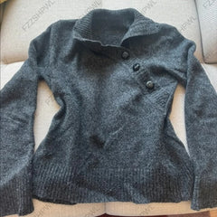 Cyflymder  Women Shawl Collar Knit Sweater Long Sleeve Asymmetric Button Pullover Solid Thick Knit Casual Four Seasons Tops