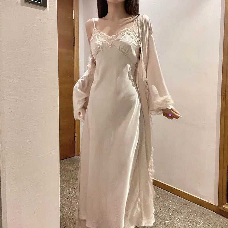 Cyflymder Autumn Silk Sexy Lace Dress Women Casual Korean Elegant Long Dresses Female Fashion Court Party Matching Two Piece Clothing