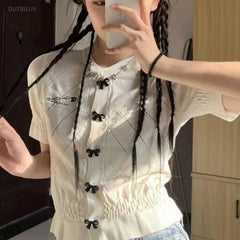 Cyflymder  Sweet Sexy Single Breasted Butterfly Design Front Shoulder Knitted Short-sleeve American All Match Slim-fit Outer Top T-shirt