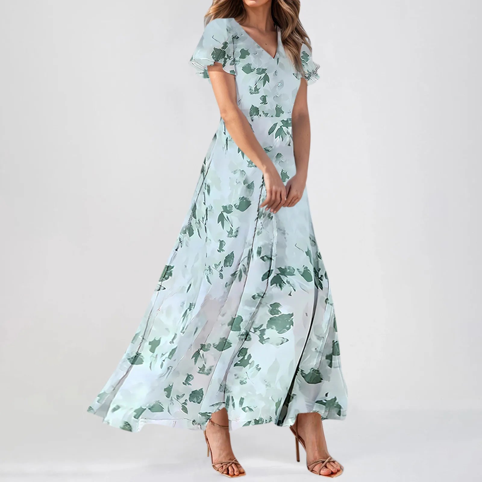 Cyflymder  Women V-neck Ruffle Short Sleeve Maxi Dress Waist Tight High-waist Hem Sweet Floral Print Elegant Dress Female Clothing Vestidos